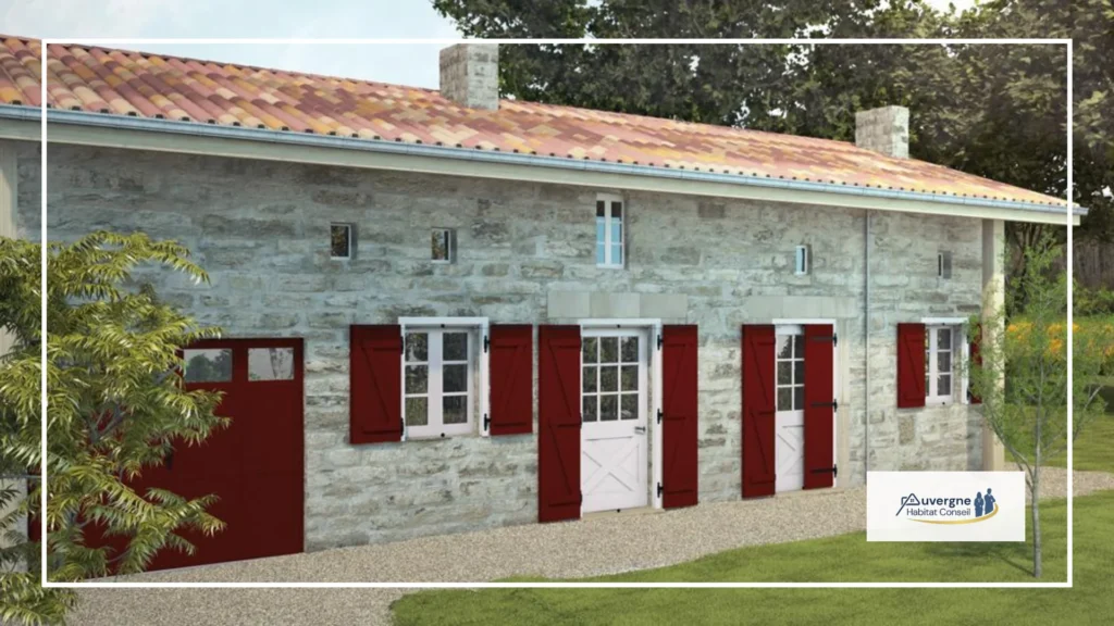 Maison en pierre avec volets battants bordeaux
