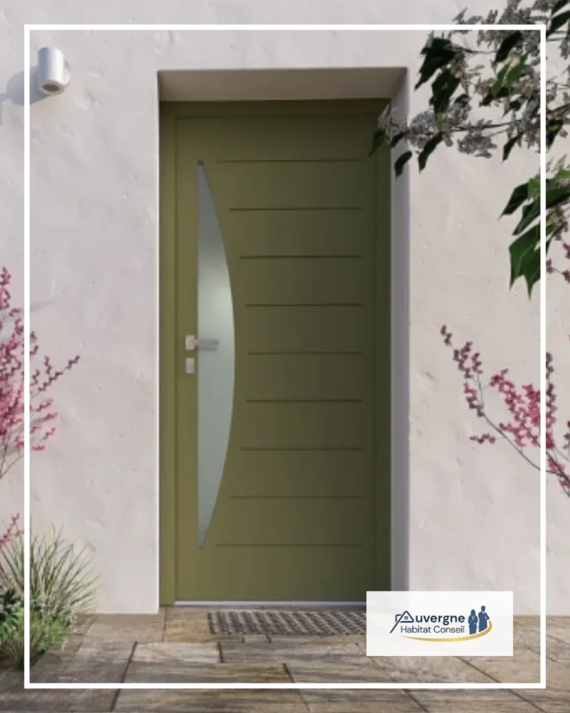 Porte d'entrée verte posée sur une maison crépie